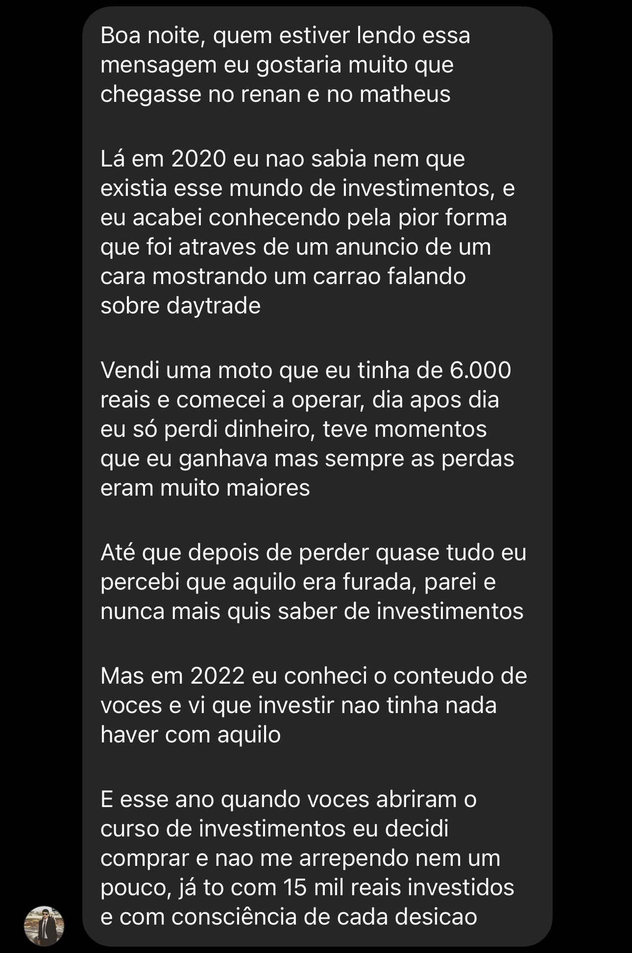 Depoimento de aluno do Salário com Investimentos